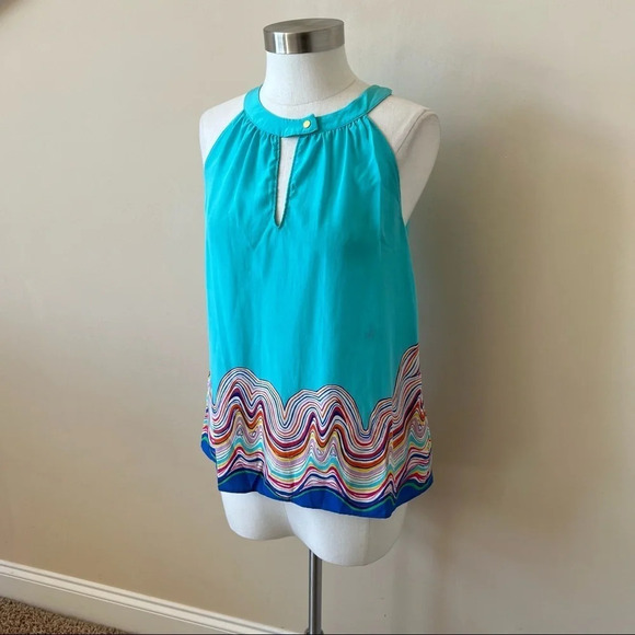 Lilly Pulitzer Rogan silk patterned halter top rainbow colorful aqua 5117 - Picture 4 of 12
